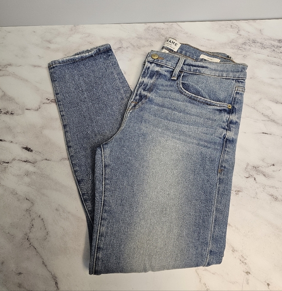 Frame Denim Le Boy High Rise Straight Leg Distressed Blue Jeans 29 Preowned - Picture 3 of 10